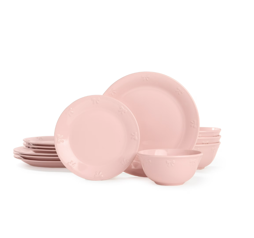 Paris Hilton London Collection 12-Piece Stoneware Dinnerware Set, Plates & Bowls Dish Set, Service for 4, Microwave & Dishwasher Safe, Blush Pink with Bow Design