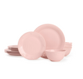 Paris Hilton London Collection 12-Piece Stoneware Dinnerware Set, Plates & Bowls Dish Set, Service for 4, Microwave & Dishwasher Safe, Blush Pink with Bow Design