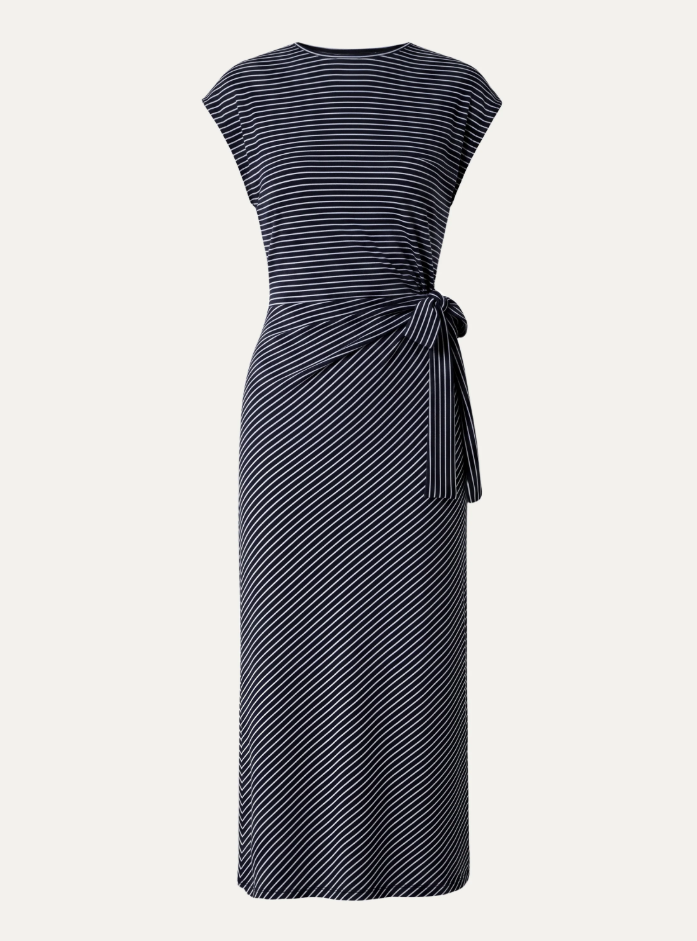 Striped Relaxed Midi Dress with Self-Tie