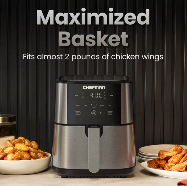 Chefman 6 Qt. Air Fryer 4 Functions w/ Touch Controls, HI-FRY Button, Stainless Steel