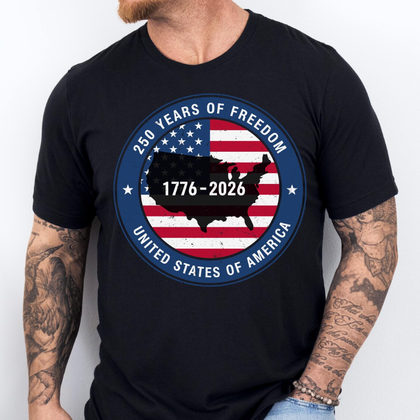 250 Years Of Freedom 1776 2026 United States Of America T-Shirt 4th Of July Shirt, 250th Birthday USA Flag American Patriotic Tee Gift