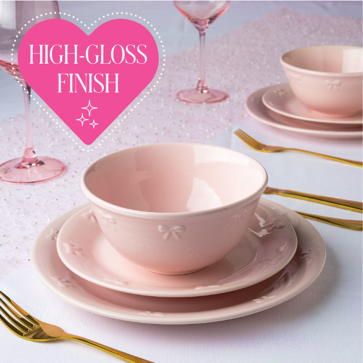 Paris Hilton London Collection 12-Piece Stoneware Dinnerware Set, Plates & Bowls Dish Set, Service for 4, Microwave & Dishwasher Safe, Blush Pink with Bow Design