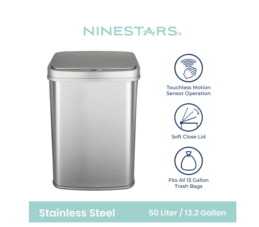 Ninestars Automatic Kitchen Trash Can, 13 Gallon Stainless Steel, Motion Sensor, Soft Close Lid Garbage Bin, Silver
