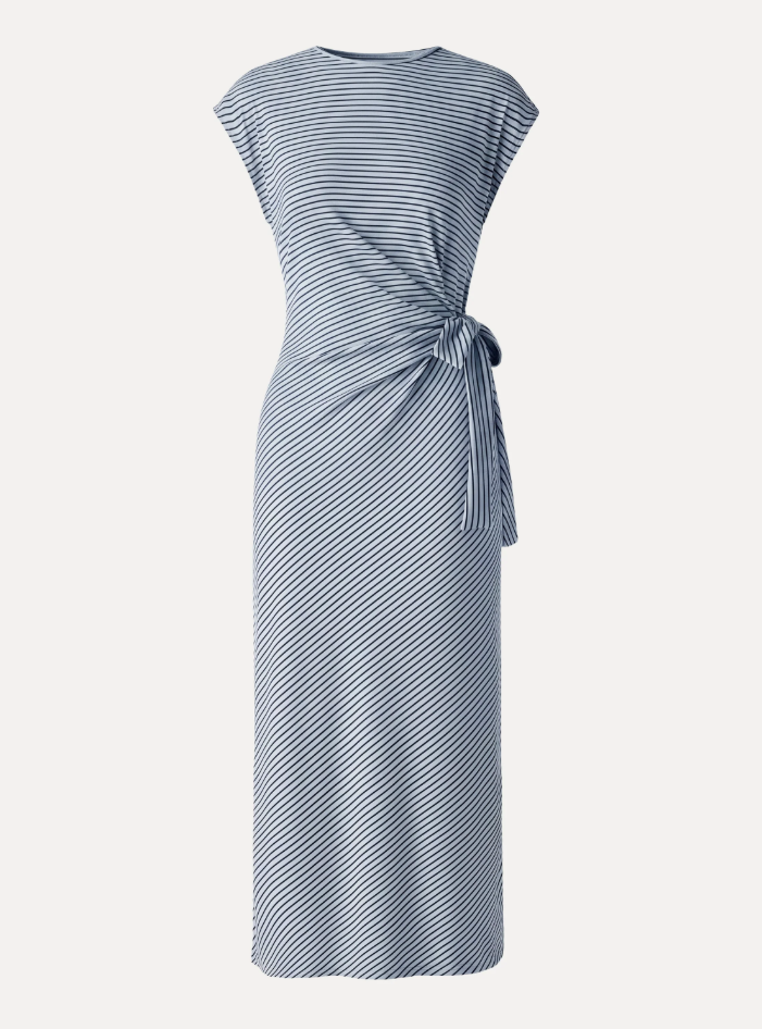 Striped Relaxed Midi Dress with Self-Tie