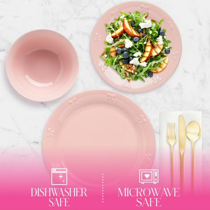 Paris Hilton London Collection 12-Piece Stoneware Dinnerware Set, Plates & Bowls Dish Set, Service for 4, Microwave & Dishwasher Safe, Blush Pink with Bow Design