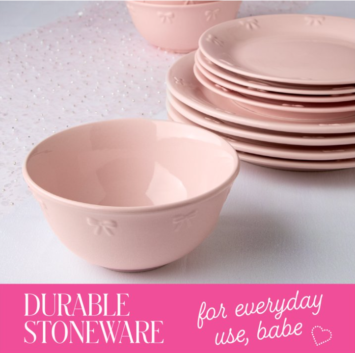 Paris Hilton London Collection 12-Piece Stoneware Dinnerware Set, Plates & Bowls Dish Set, Service for 4, Microwave & Dishwasher Safe, Blush Pink with Bow Design