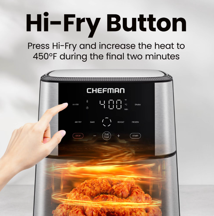 Chefman 6 Qt. Air Fryer 4 Functions w/ Touch Controls, HI-FRY Button, Stainless Steel