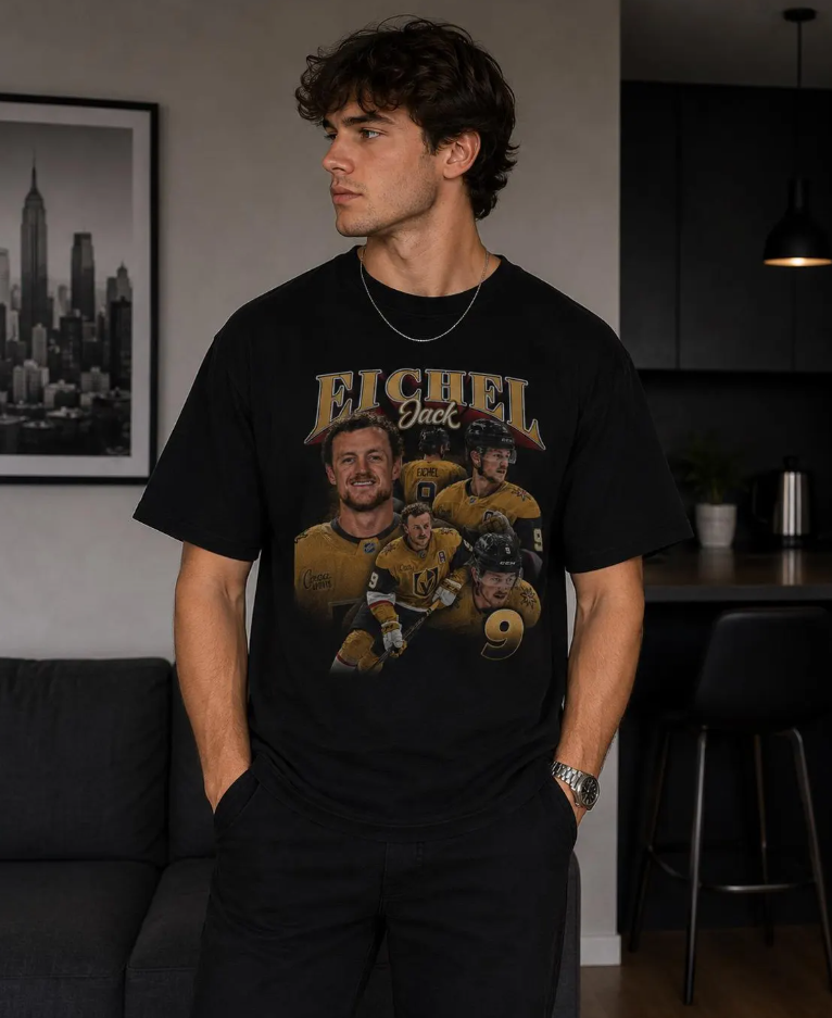 Jack Eichel Hockey Player Portrait T-Shirt Team Jersey Style, Vegas Golden Knights