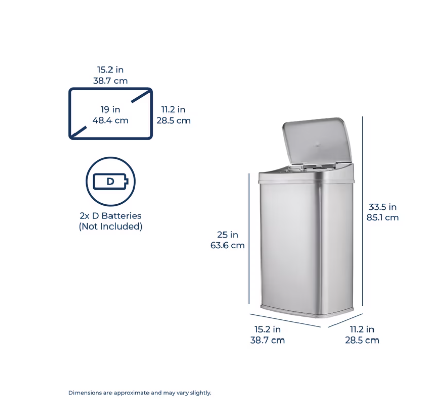 Ninestars Automatic Kitchen Trash Can, 13 Gallon Stainless Steel, Motion Sensor, Soft Close Lid Garbage Bin, Silver