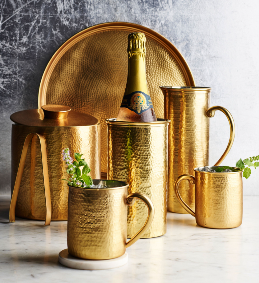 Williams Sonoma Antique Brass Ice Bucket with Tongs