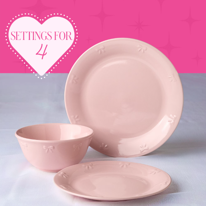 Paris Hilton London Collection 12-Piece Stoneware Dinnerware Set, Plates & Bowls Dish Set, Service for 4, Microwave & Dishwasher Safe, Blush Pink with Bow Design