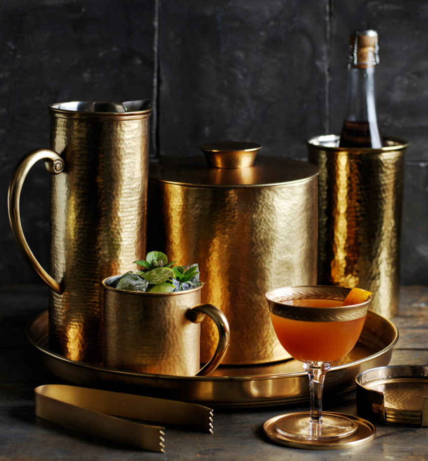 Williams Sonoma Antique Brass Ice Bucket with Tongs