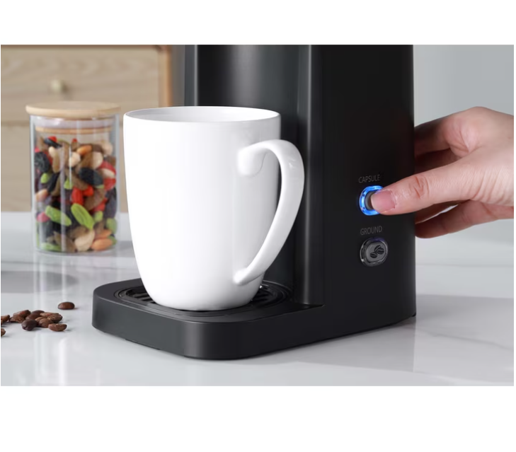 Mainstays Black Matte Dual Brew Coffee Maker, Single Serve, Auto Shutoff, 14 oz Reservoir