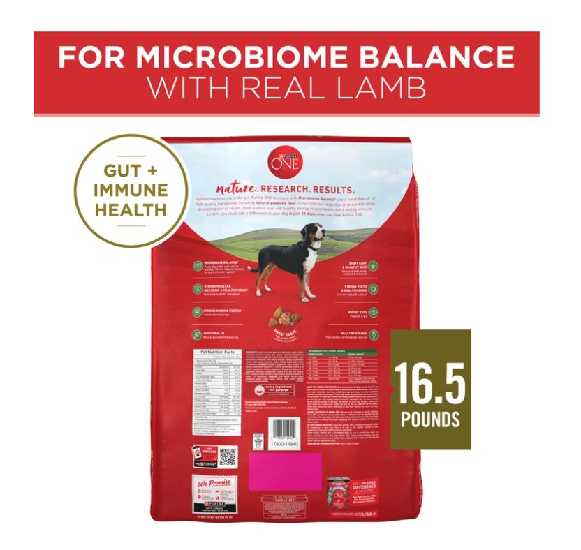 Purina One Dry Dog Food High Protein Microbiome Balance, Real Lamb & Rice, 16.5 lb Bag