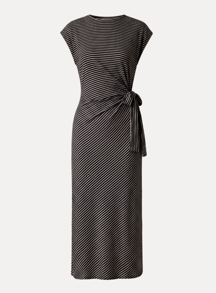 Striped Relaxed Midi Dress with Self-Tie