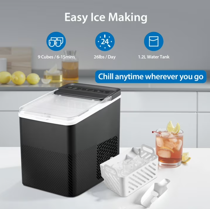 Mainstays Portable Countertop Ice Maker, 26 lbs Per Day, Compact Ice Machine with Quick Ice Cycles, No Plumbing Required, Black