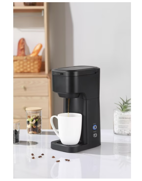 Mainstays Black Matte Dual Brew Coffee Maker, Single Serve, Auto Shutoff, 14 oz Reservoir