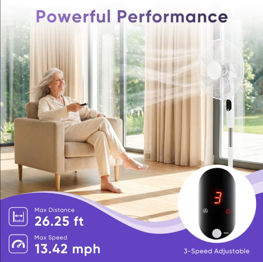 Gianna Quiet Pedestal Fan with Remote, Standing Floor Fan for Bedroom, Home Office - 15H Timer, 3 Speed & 3 Wind Modes, 80°Oscillating, Adjustable Height，White
