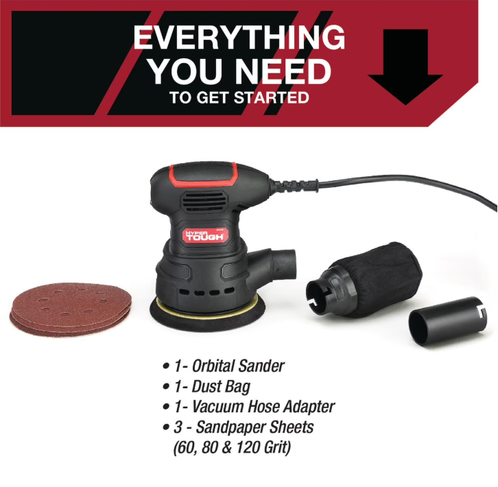 Hyper Tough 2.5 Amp Corded 5 inch Orbital Sander with Dust Bag, Vacuum Hose Adapter & 3 Sanding Sheets, New Condition
