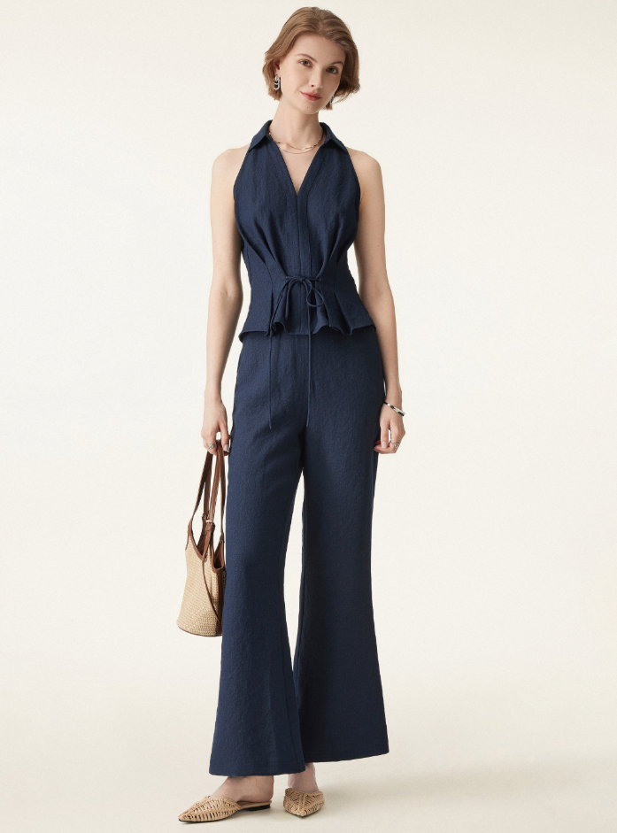 2Pcs Set Collared V-neck Sleeveless Top & Mid Rise Flared Pant with Pockets