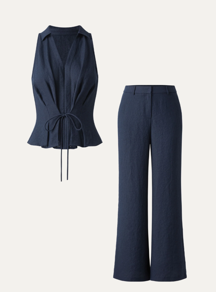 2Pcs Set Collared V-neck Sleeveless Top & Mid Rise Flared Pant with Pockets