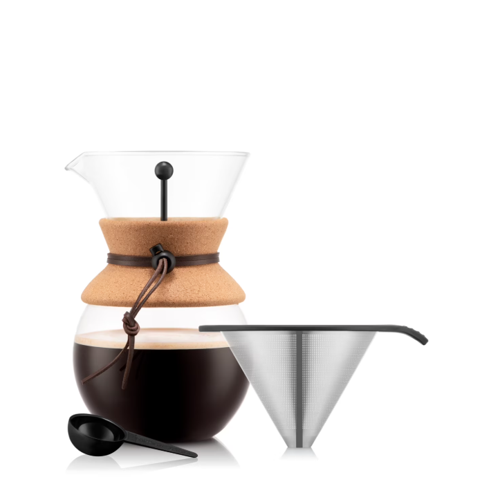 BODUM 34oz Pour over Glass Coffee Dripper w/ Reusable Stainless Steel Filter, Brown, Cork, New