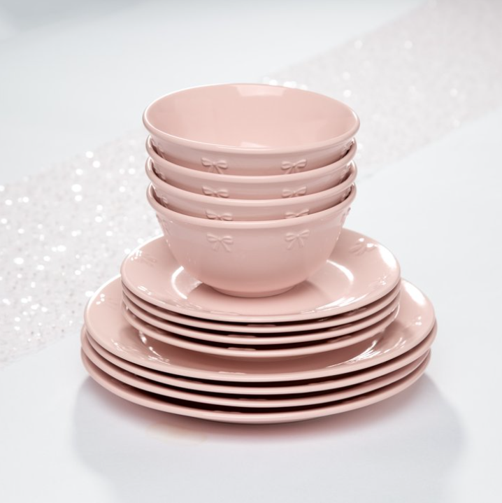 Paris Hilton London Collection 12-Piece Stoneware Dinnerware Set, Plates & Bowls Dish Set, Service for 4, Microwave & Dishwasher Safe, Blush Pink with Bow Design