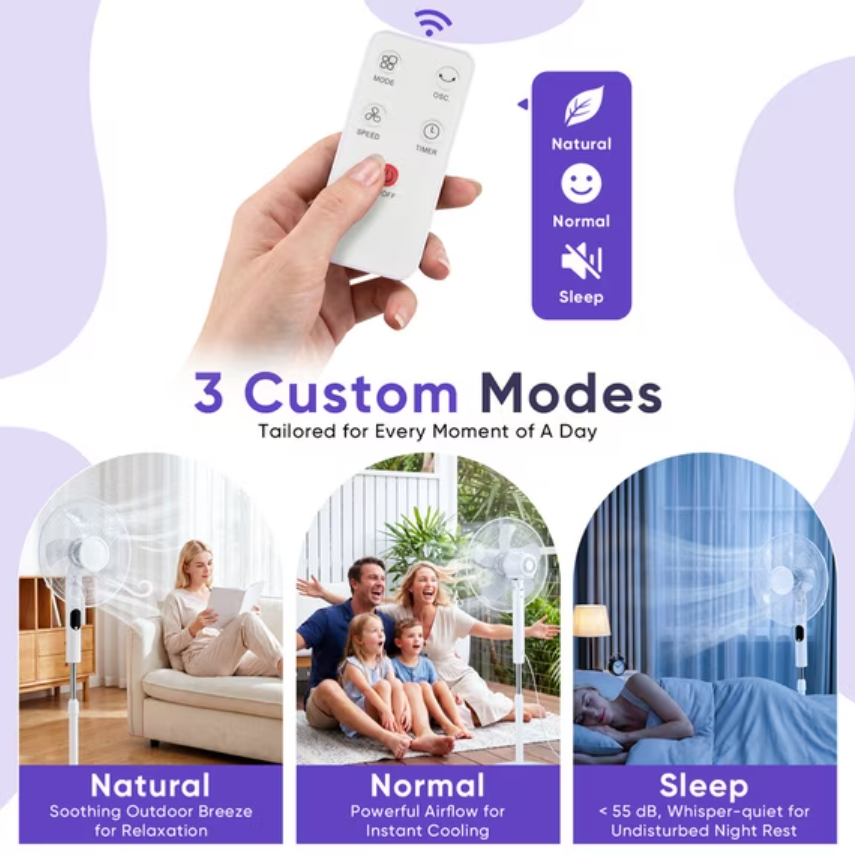 Gianna Quiet Pedestal Fan with Remote, Standing Floor Fan for Bedroom, Home Office - 15H Timer, 3 Speed & 3 Wind Modes, 80°Oscillating, Adjustable Height，White