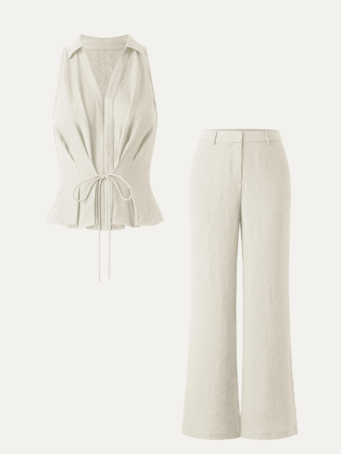 2Pcs Set Collared V-neck Sleeveless Top & Mid Rise Flared Pant with Pockets