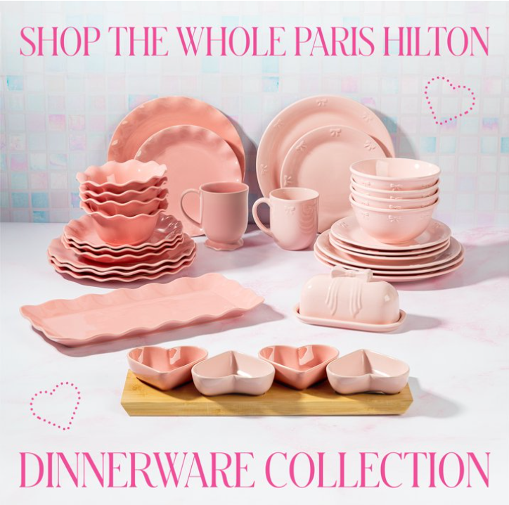Paris Hilton London Collection 12-Piece Stoneware Dinnerware Set, Plates & Bowls Dish Set, Service for 4, Microwave & Dishwasher Safe, Blush Pink with Bow Design
