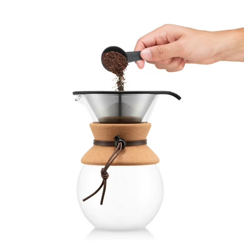 BODUM 34oz Pour over Glass Coffee Dripper w/ Reusable Stainless Steel Filter, Brown, Cork, New