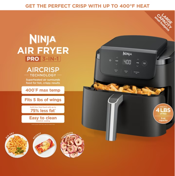 Ninja Air Fryer Pro XL 5-Qt, 3-in-1, 400°F Air Crisp Technology, Nonstick Crisper Plate, AF140 Black