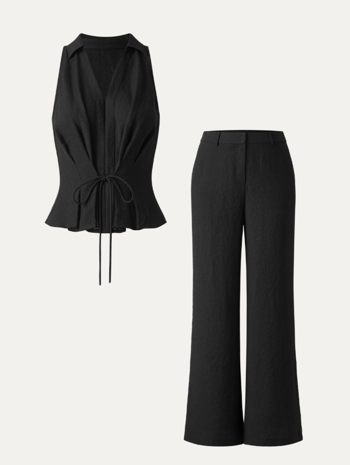 2Pcs Set Collared V-neck Sleeveless Top & Mid Rise Flared Pant with Pockets