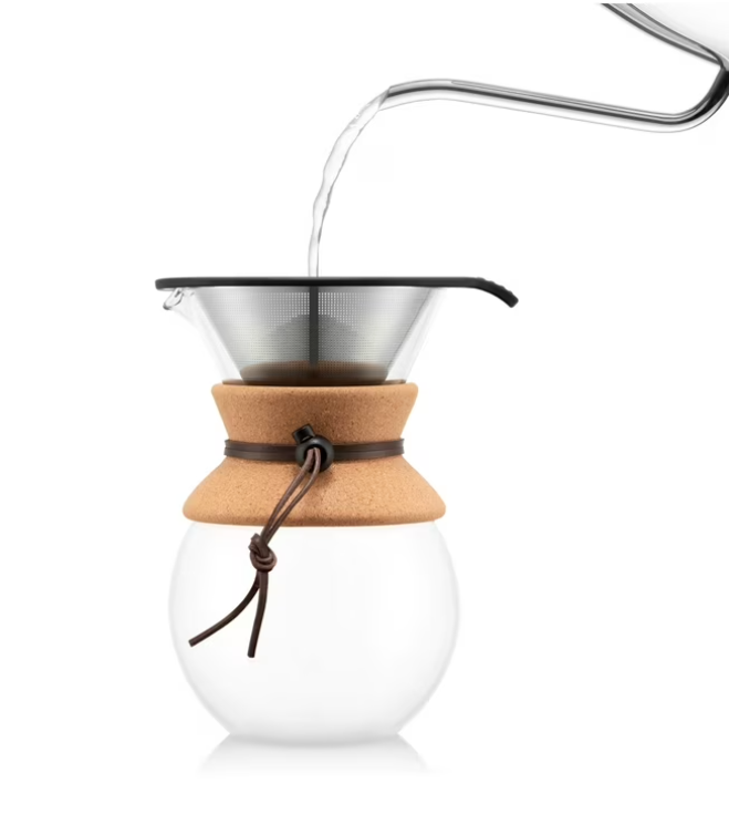 BODUM 34oz Pour over Glass Coffee Dripper w/ Reusable Stainless Steel Filter, Brown, Cork, New