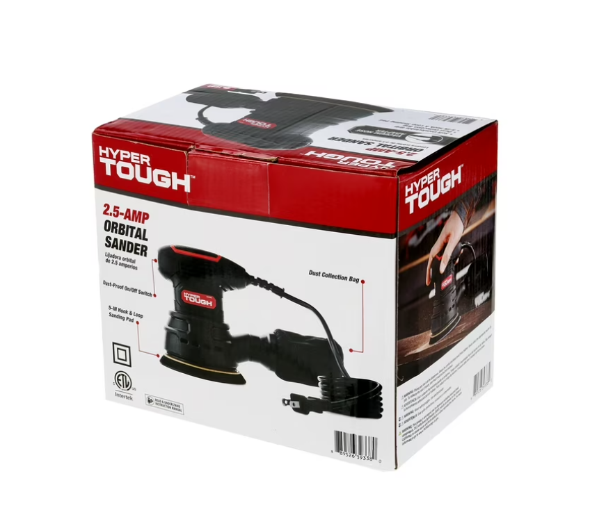 Hyper Tough 2.5 Amp Corded 5 inch Orbital Sander with Dust Bag, Vacuum Hose Adapter & 3 Sanding Sheets, New Condition
