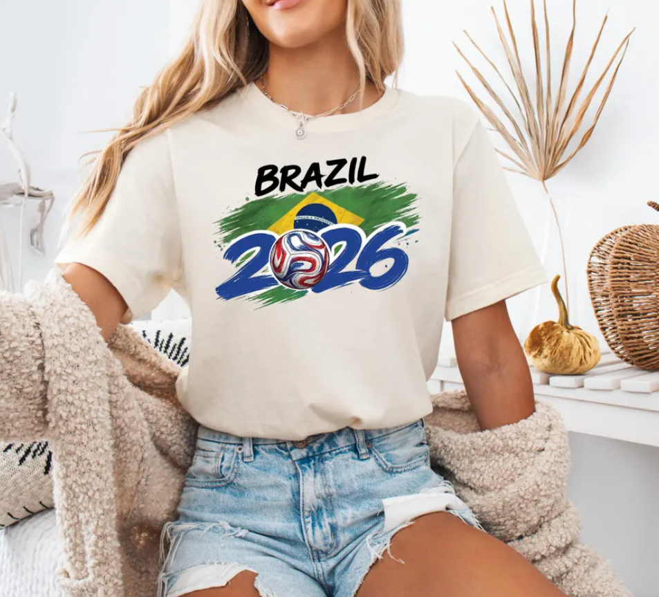 Brazil Soccer T-Shirt 2026 | Brazilian Football Fan Tee | Brazil Flag Brush Art Tee | Global Soccer 2026 Brazil Gift | Seleção Fan Apparel