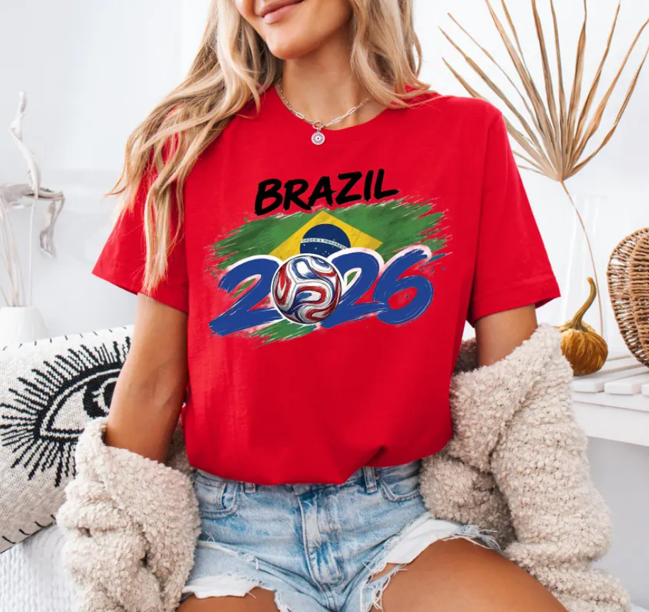 Brazil Soccer T-Shirt 2026 | Brazilian Football Fan Tee | Brazil Flag Brush Art Tee | Global Soccer 2026 Brazil Gift | Seleção Fan Apparel