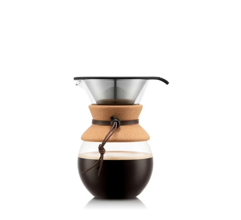 BODUM 34oz Pour over Glass Coffee Dripper w/ Reusable Stainless Steel Filter, Brown, Cork, New
