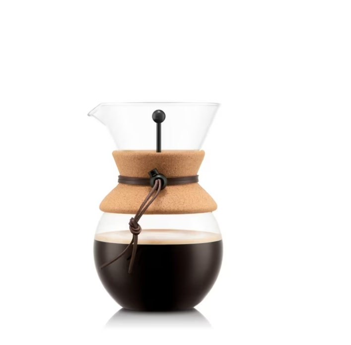 BODUM 34oz Pour over Glass Coffee Dripper w/ Reusable Stainless Steel Filter, Brown, Cork, New