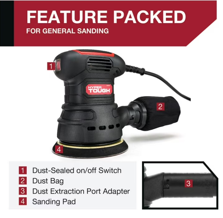 Hyper Tough 2.5 Amp Corded 5 inch Orbital Sander with Dust Bag, Vacuum Hose Adapter & 3 Sanding Sheets, New Condition