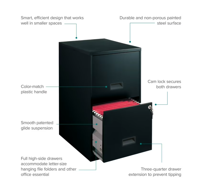 Space Solutions 18" Deep 2 Drawer Letter Width Vertical File Cabinet, Black