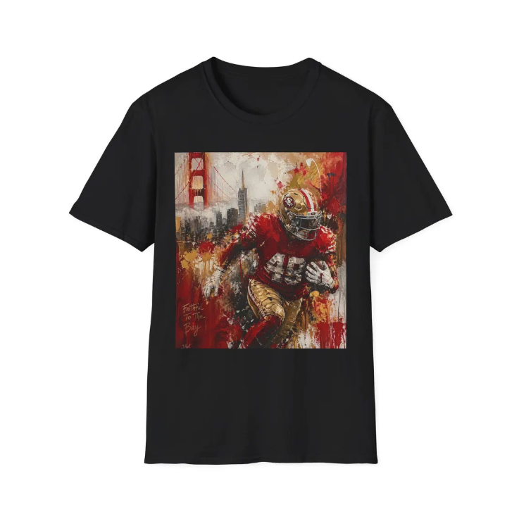 San Francisco 49ers Football Player T-Shirt Golden Gate Skyline, Team Colors Artwork SF 49ers Tee