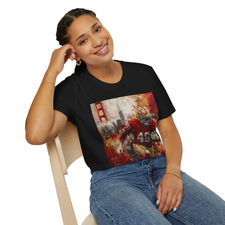 San Francisco 49ers Football Player T-Shirt Golden Gate Skyline, Team Colors Artwork SF 49ers Tee