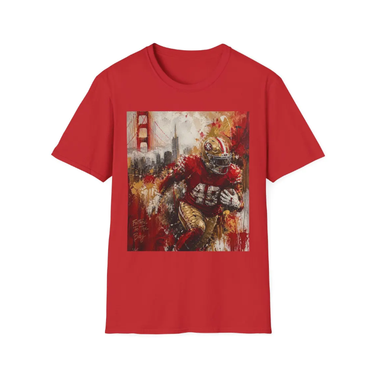 San Francisco 49ers Football Player T-Shirt Golden Gate Skyline, Team Colors Artwork SF 49ers Tee
