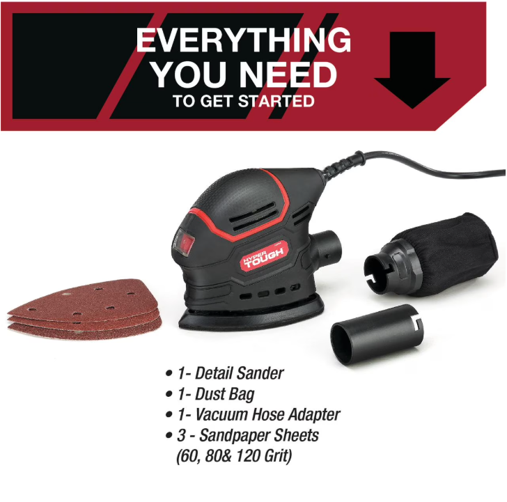 Hyper Tough 1.5 Amp Corded Detail Sander with Dust Bag, Vacuum Hose Adapter & 3 Sanding Sheets, New Condition