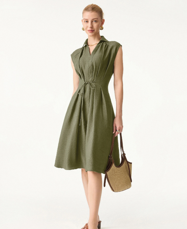 Viscose-Linen Collared V-neck Midi Dress with Drawstring