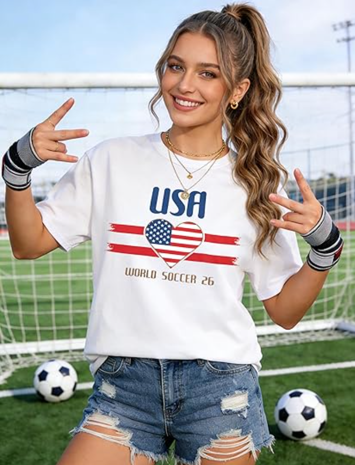 Soccer Cup 2026 Shirt for Women Country Football Shirt USA World Cup Flag Heart Printed Short Sleeve Shirt