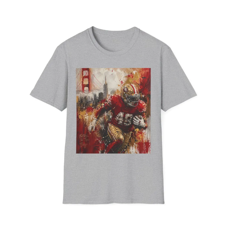 San Francisco 49ers Football Player T-Shirt Golden Gate Skyline, Team Colors Artwork SF 49ers Tee