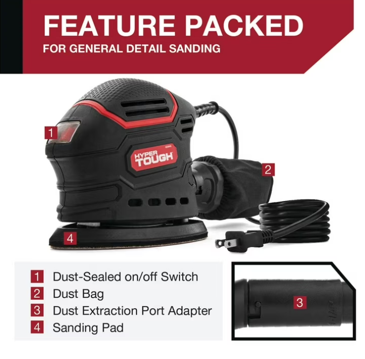 Hyper Tough 1.5 Amp Corded Detail Sander with Dust Bag, Vacuum Hose Adapter & 3 Sanding Sheets, New Condition