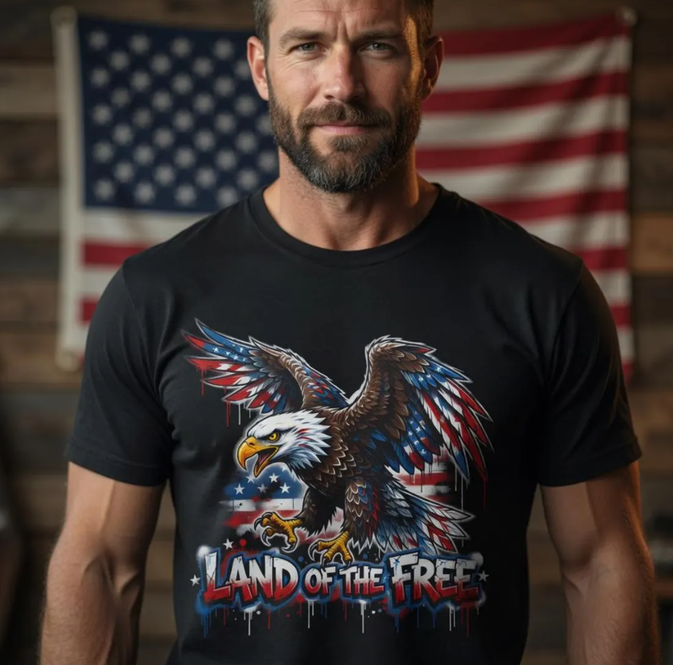 American Eagle Land of the Free T-Shirt Patriotic Flag Graphic Street Art Style